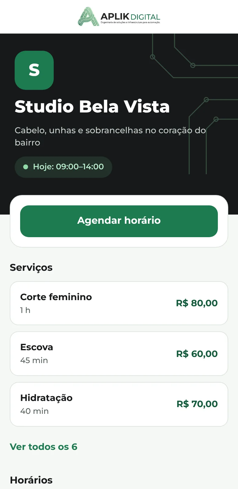 Página do negócio com serviços e horários
