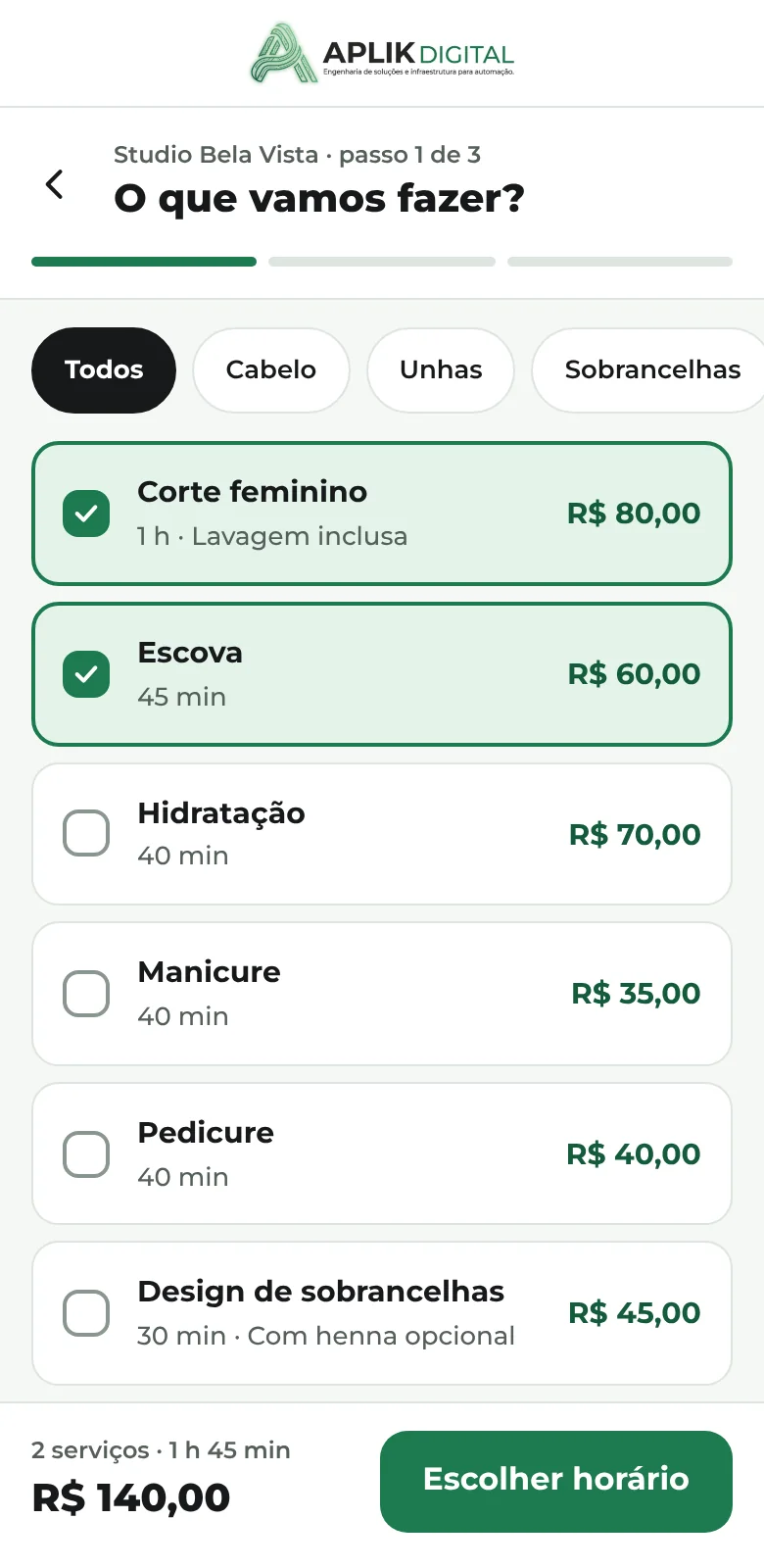 Escolha de um ou mais serviços