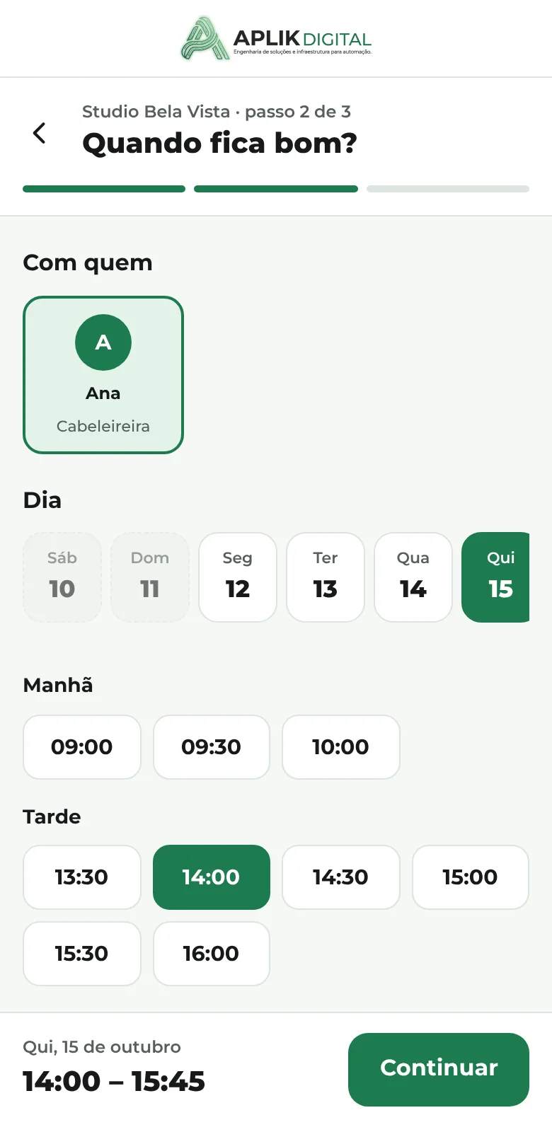 Tela do cliente escolhendo dia e horário no celular