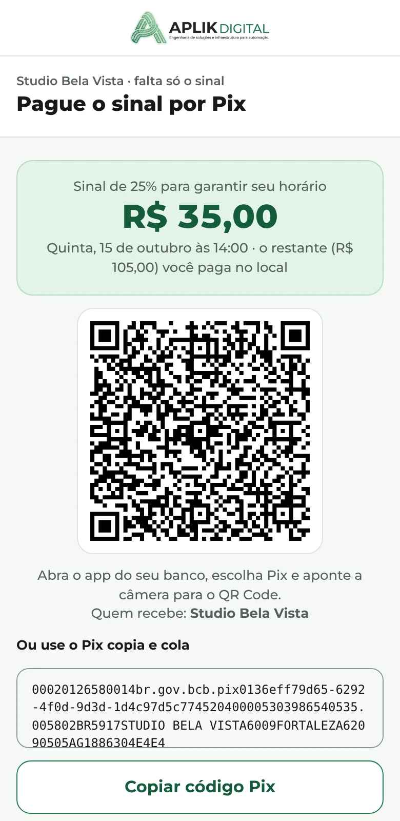 Pagamento do sinal por Pix com QR Code