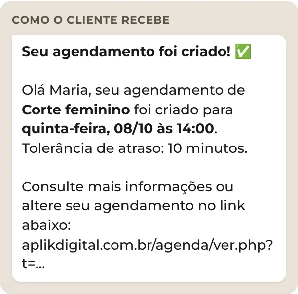 Mensagem de confirmação que o cliente recebe no WhatsApp
