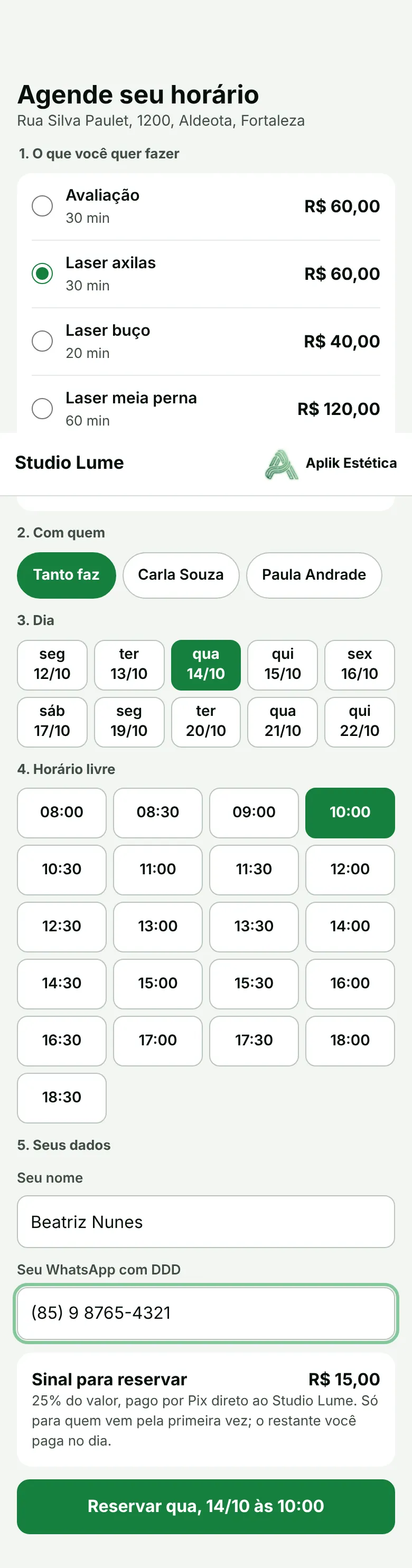 Tela do celular da cliente